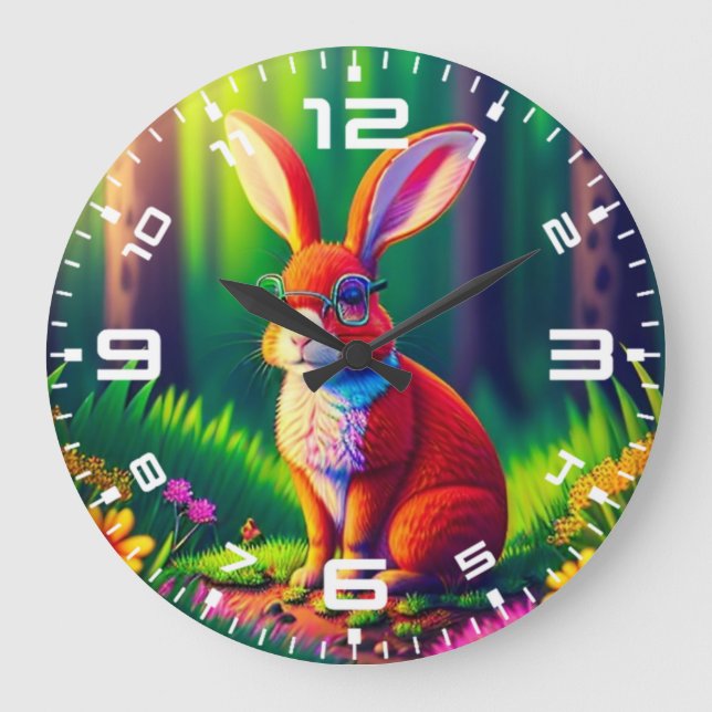 Red Bunny Sitting on Grass Large Clock (Front)