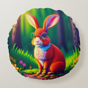 Red Bunny Sitting on Grass Round Pillow