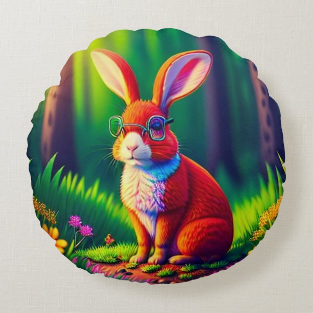 Red Bunny Sitting on Grass Round Pillow (Front)