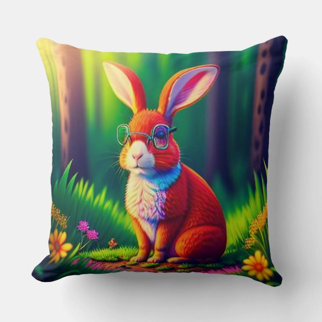 Red Bunny Sitting on Grass Throw Pillow (Front)