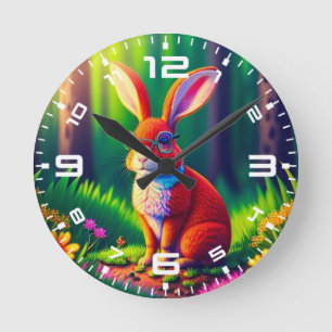 Red Bunny Sitting on the Grass Round Clock