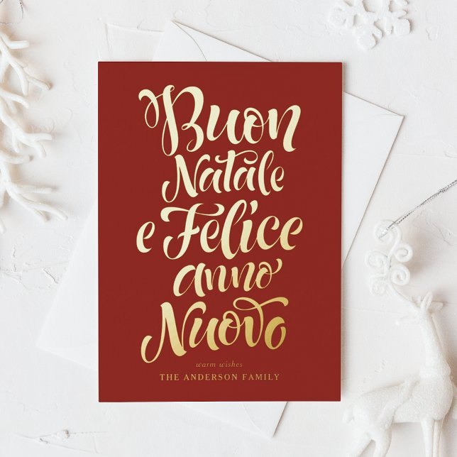 Red Buon Natale e Felice Anno Nuovo Script Foil Holiday Postcard (Creator Uploaded)