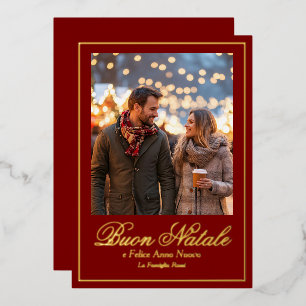 Red Buon Natale e Felice Anno Nuovo Script Photo Foil Holiday Card