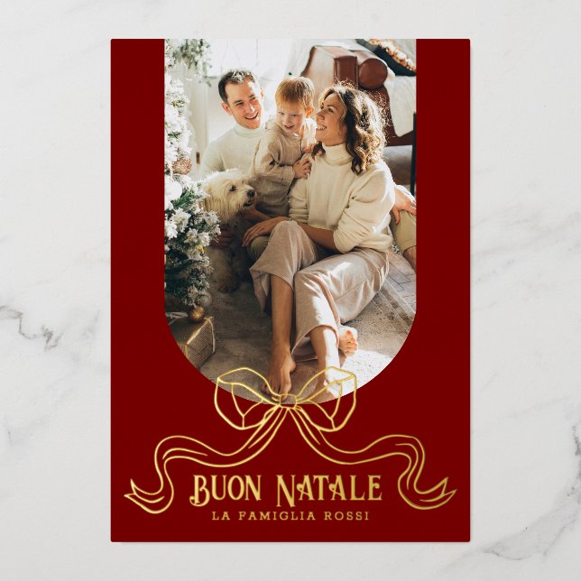 Red Buon Natale Simple Modern Coquette Bow Photo Foil Holiday Card (Front)