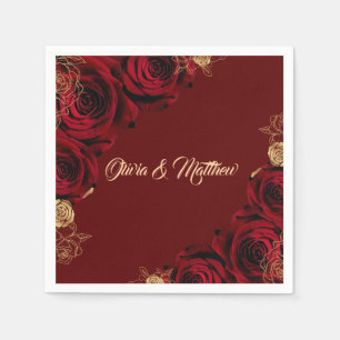 Red Burgundy and Gold Roses Floral Wedding Napkin