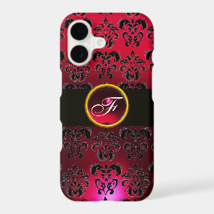 RED BURGUNDY BLACK DAMASK GEM STONE MONOGRAM