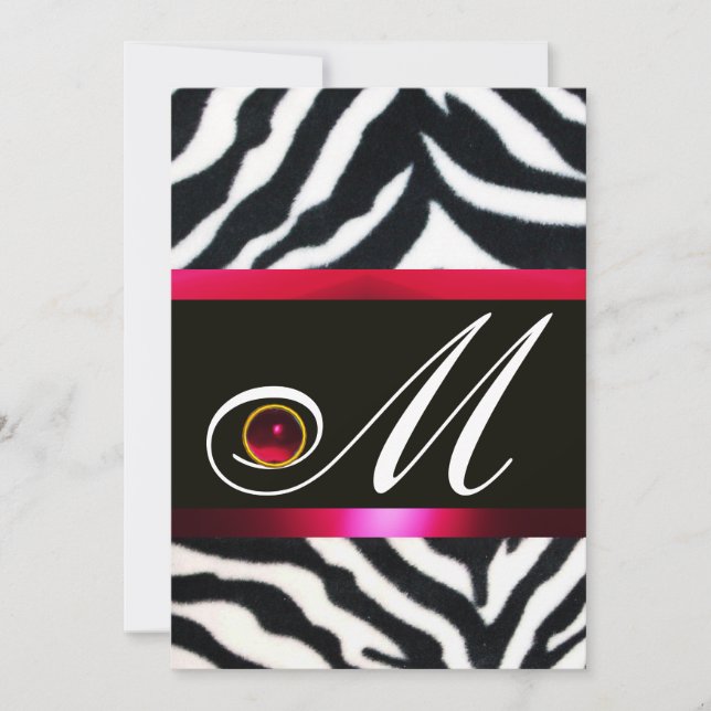 RED BURGUNDY  BLACK WHITE ZEBRA FUR MONOGRAM INVITATION (Front)