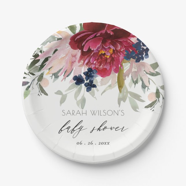 Red Burgundy Blush Blue Floral Baby Shower Paper Plate (Front)