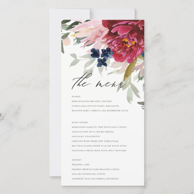Red Burgundy Blush Blue Floral Wedding Menu Card (Front)