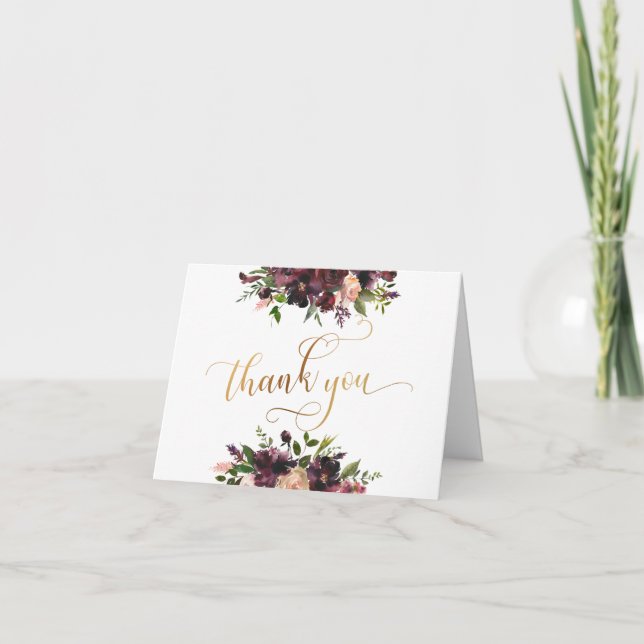 Red Burgundy & Blush Floral, Gold Thank You Script Card (Front)