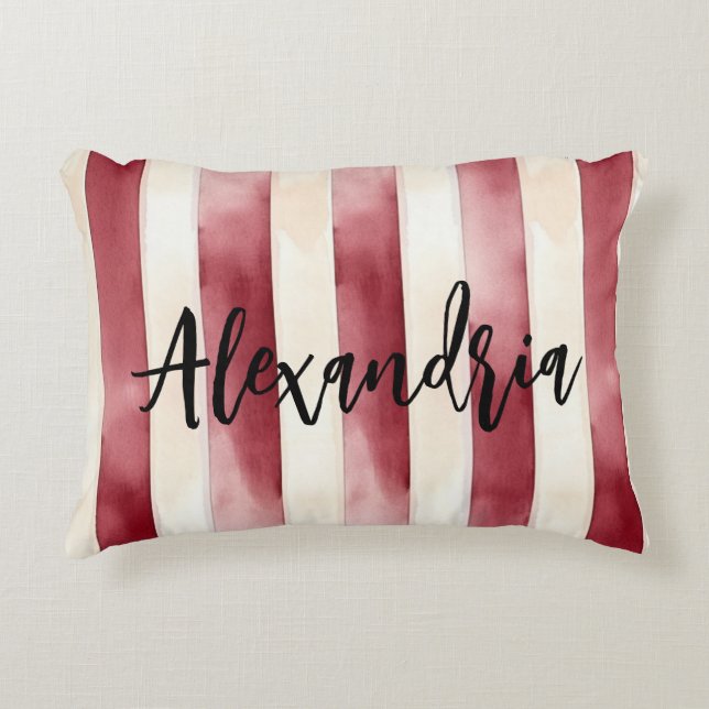 Red Burgundy Cream Stripes Flowers Leaves Accent Pillow (Front)