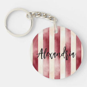 Red Burgundy Cream Stripes Flowers Leaves Keychain