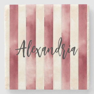 Red Burgundy Cream Stripes Flowers Leaves Stone Coaster