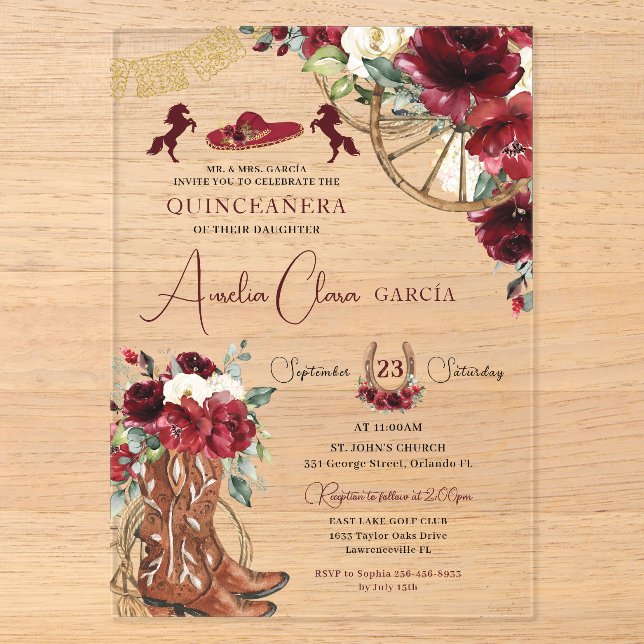 Red Burgundy Floral Charro Western Quinceanera  Acrylic Invitations (Front)
