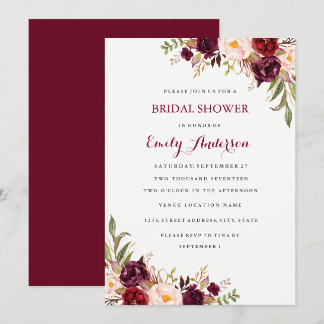 Red Burgundy Floral Fall Bridal Shower Card (Front/Back)