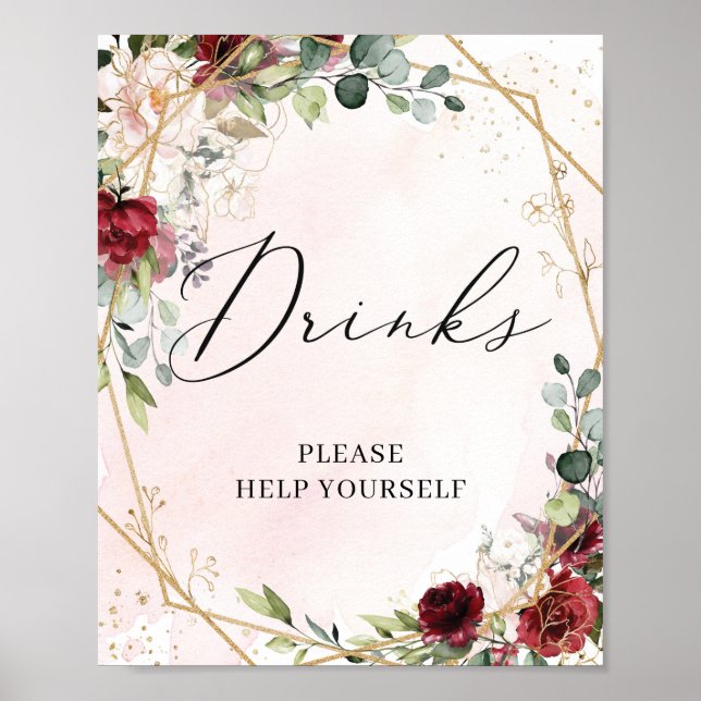Red burgundy floral gold geometric drinks sign (Front)
