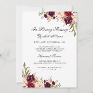 Red Burgundy Floral Memorial Service Invitation