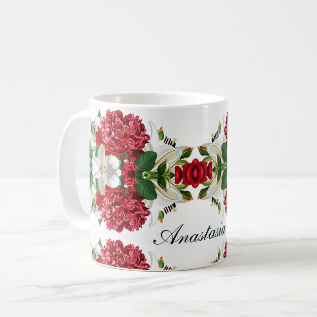 Red Burgundy Floral Watercolor Personalize Coffee Mug (Front Left)