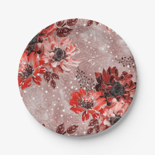 Red, burgundy flowers. paper plate