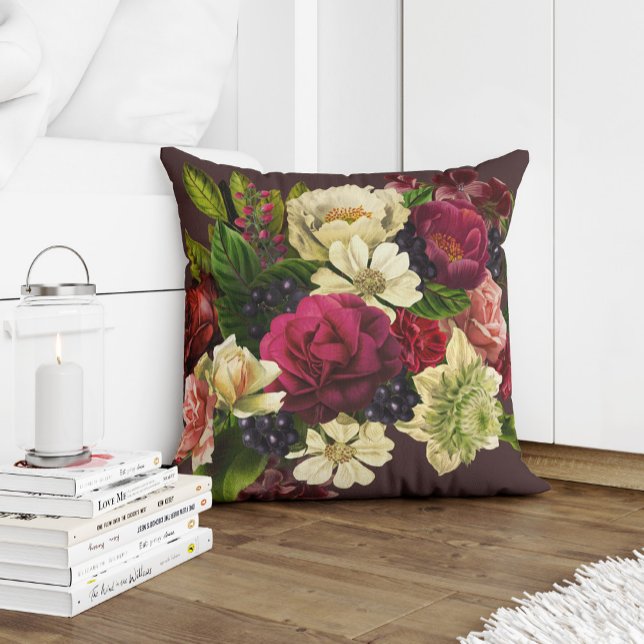 Red burgundy garnet green and cream flowers throw pillow (Creator Uploaded)