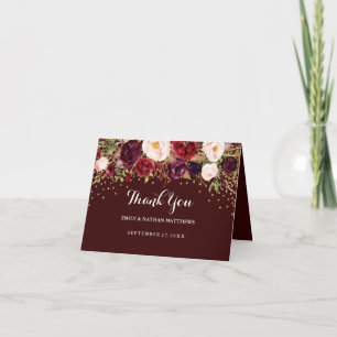 Red Burgundy Gold Floral Mariage Carte de remercie