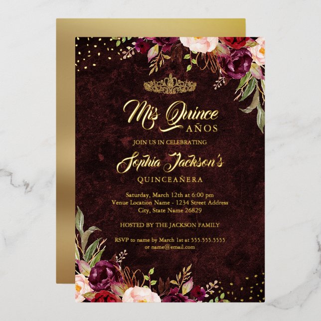 Red Burgundy Gold Floral Quinceanera  (Front/Back)