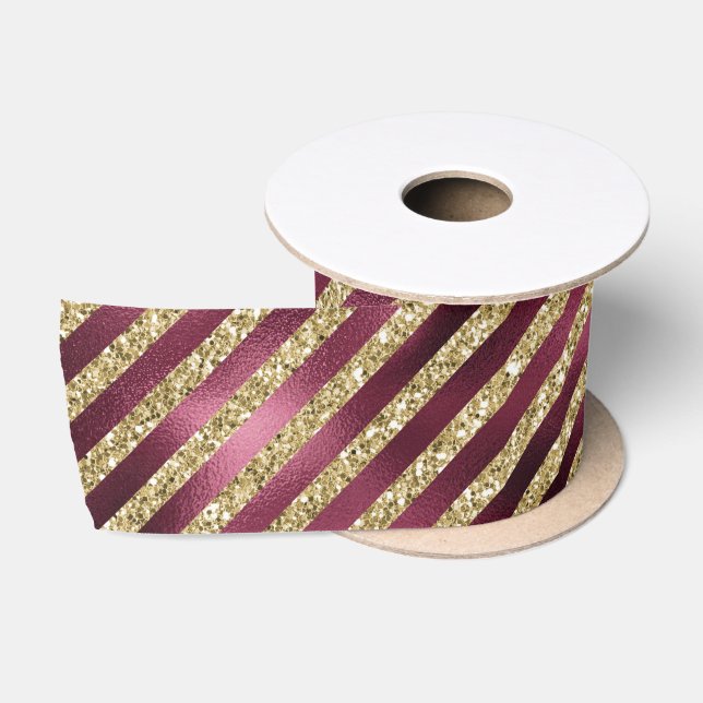 Red Burgundy Gold Glitter Stripes  Satin Ribbon (Spool)
