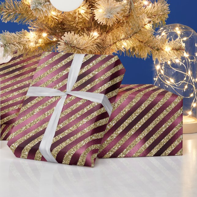 Red Burgundy Gold Glitter Stripes Wrapping Paper (Holidays)