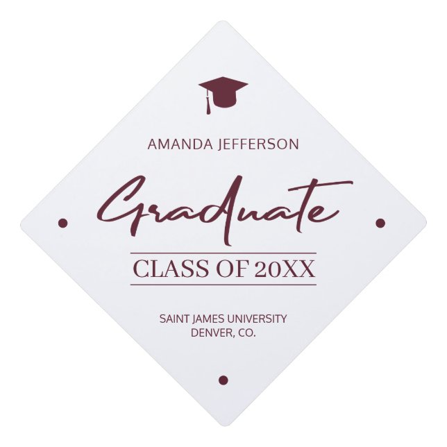 Red Burgundy Graduation | Class year casual script Graduation Cap Topper (Front)
