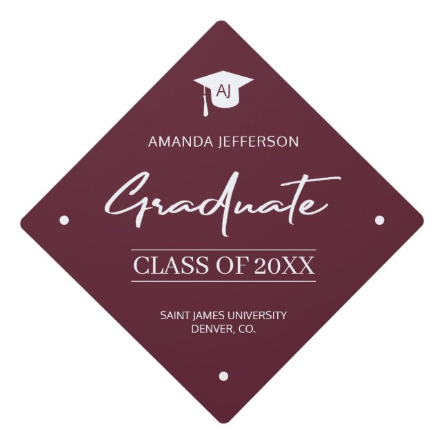 Red Burgundy Graduation | Class year monogram Cap Topper (Front)