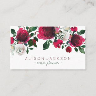 Red burgundy ivory peony bouquet events planner business card