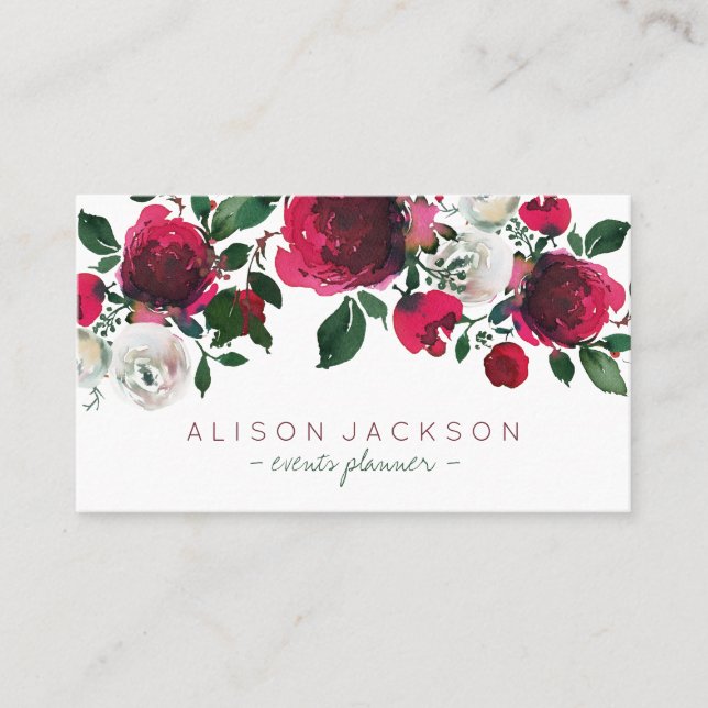 Red burgundy ivory peony bouquet events planner business card (Front)
