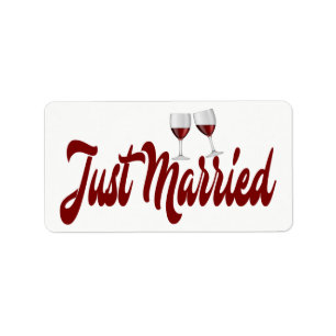 Red Burgundy Just Married Wine Glasses Wedding Label