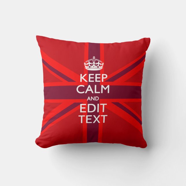 Red Burgundy Keep Calm Your Text Union Jack Flag Throw Pillow (Front)