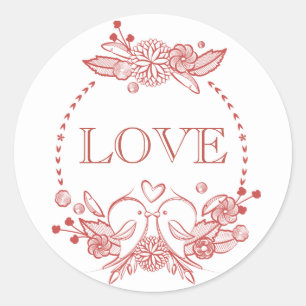 Red Burgundy LoveBirds Floral Love Classic Round Sticker