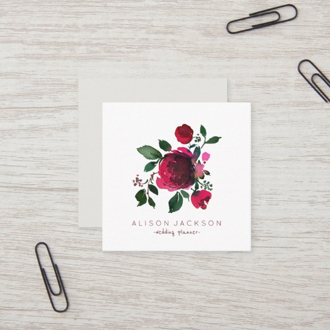 Red burgundy peony bouquet wedding planner square business card (Front/Back In Situ)