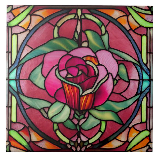 Red Burgundy Rose Floral Stained Glass Style Tile (Front)
