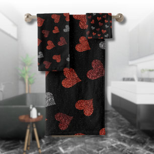 Red Burgundy Silver Glitter Hearts on Black Bath Towel Set