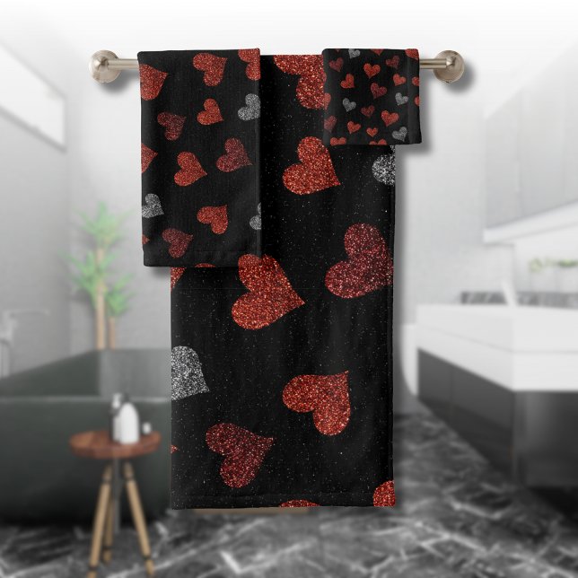 Red Burgundy Silver Glitter Hearts on Black Bath Towel Set (Creator Uploaded)