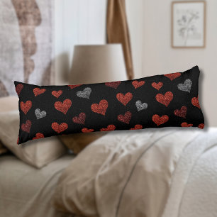 Red Burgundy Silver Glitter Hearts on Black Body Pillow