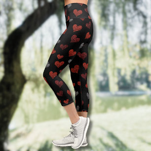 Red Burgundy Silver Glitter Hearts on Black Capri Leggings
