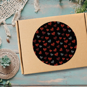 Red Burgundy Silver Glitter Hearts on Black Classic Round Sticker
