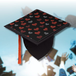 Red Burgundy Silver Glitter Hearts on Black Graduation Cap Topper