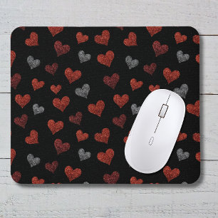 Red Burgundy Silver Glitter Hearts on Black Mouse Pad