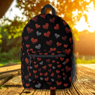 Red Burgundy Silver Glitter Hearts on Black Printed Backpack
