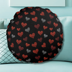Red Burgundy Silver Glitter Hearts on Black Round Pillow