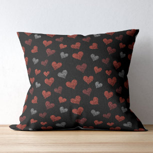 Red Burgundy Silver Glitter Hearts on Black Throw Pillow