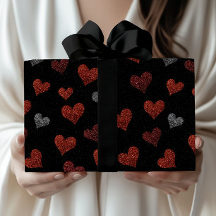 Red Burgundy Silver Glitter Hearts on Black Wrapping Paper