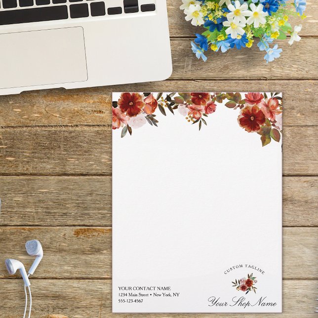 Red burgundy watercolor roses, Business name Letterhead (Creator Uploaded)