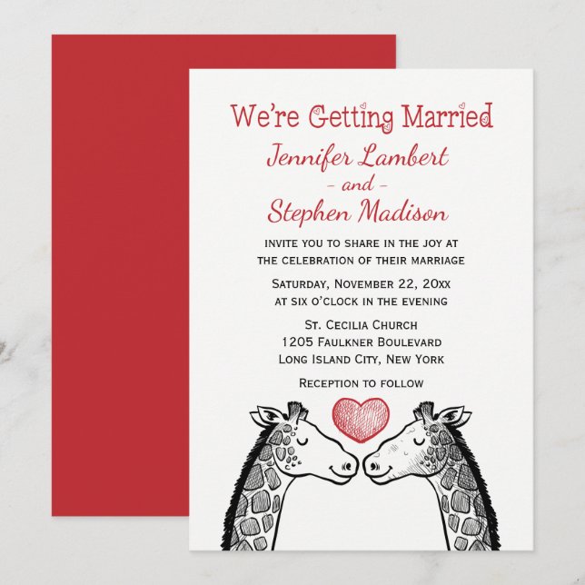 Red Burgundy Wedding Giraffe Love Heart Cartoon Invitation (Front/Back)